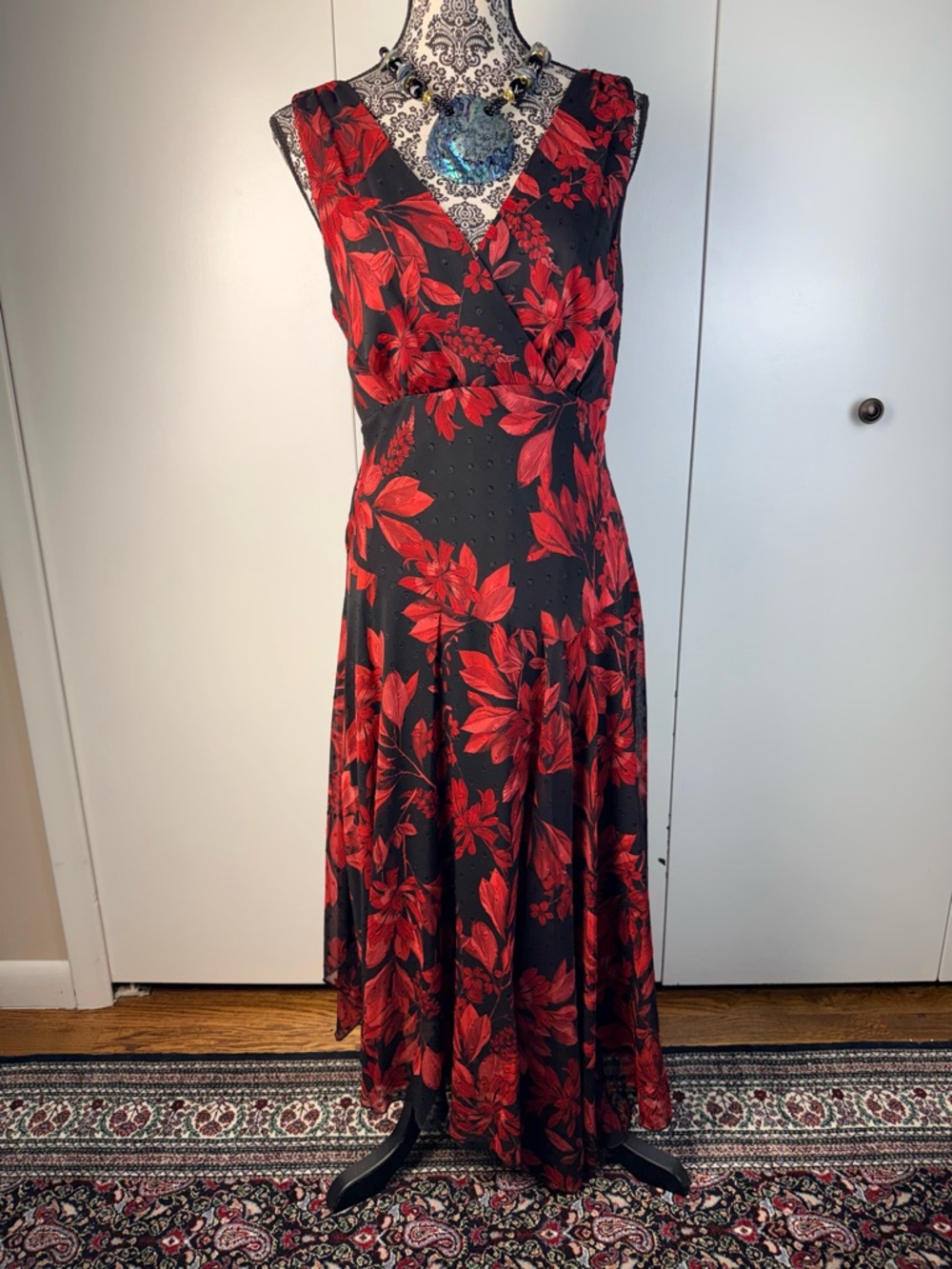 connected apparel Black Maxi Dress with Red Floral Print sz 10 asymmetrical hem